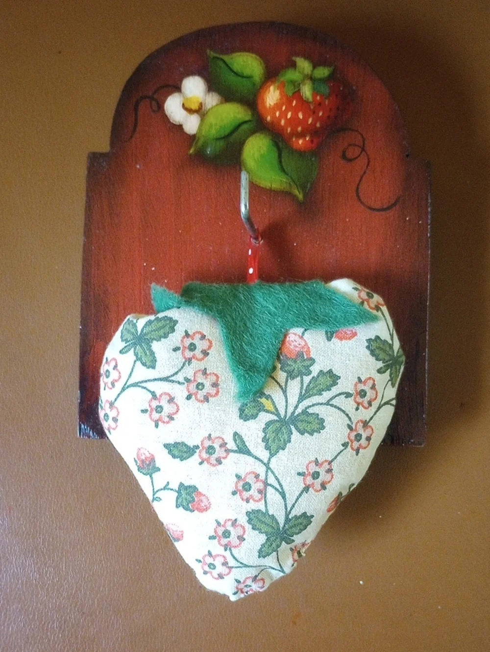Vintage Hand-Painted Wood Strawberry & Floral Hook w/ Fabric Strawberry